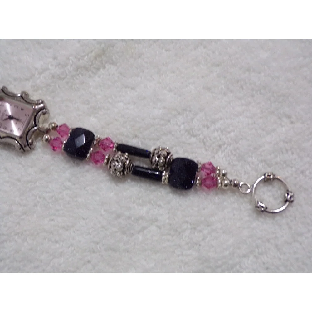 Geneva Womens Beaded Bracelet Watch Pink Black Crystal‎ Silver Tone Toggle Clasp
